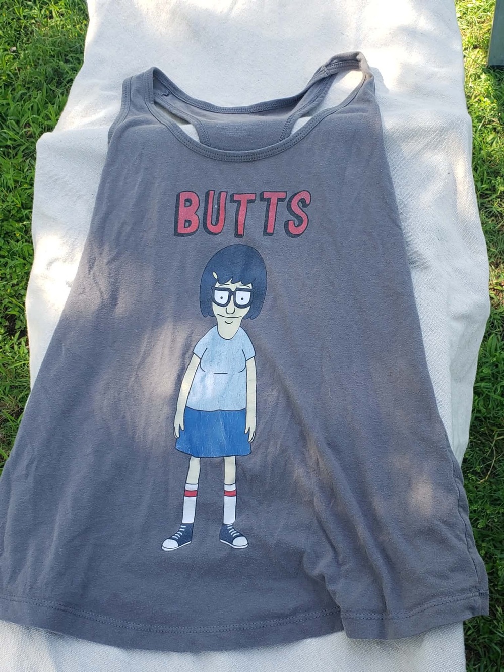 Gray Womens Tank Top with Tina Belcher Graphic and Pink 'BUTTS' Bobs Burgers